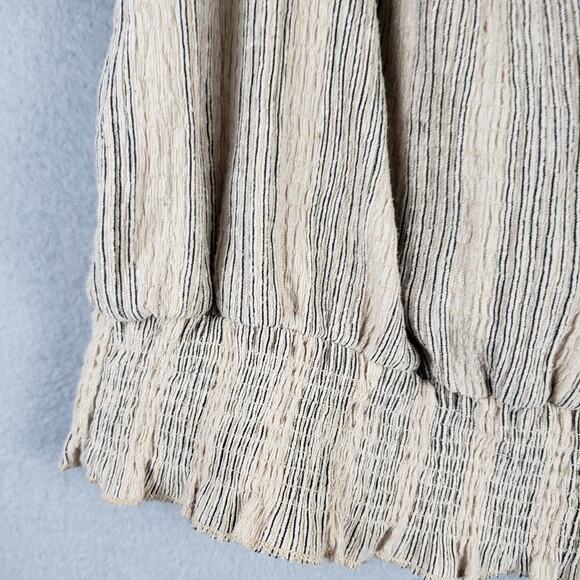 Puff Sleeve Smocked Peasant‎ Blouse Beige Stripe Neutral Boho Festival Size XS - Picture 2 of 8